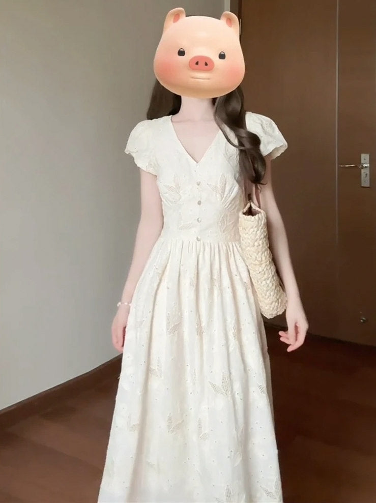 Eyelet Puff Sleeve Midi Dress