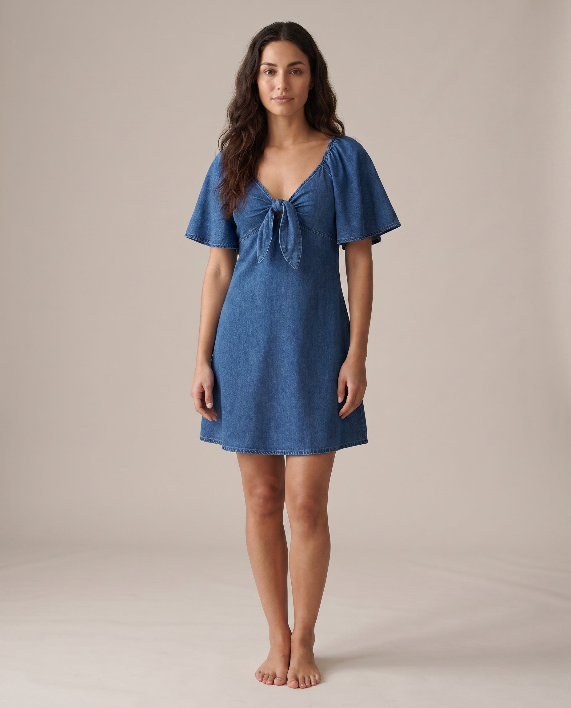 Denim A-Line Flutter Sleeve Tie Front Mini Dress – Elegra