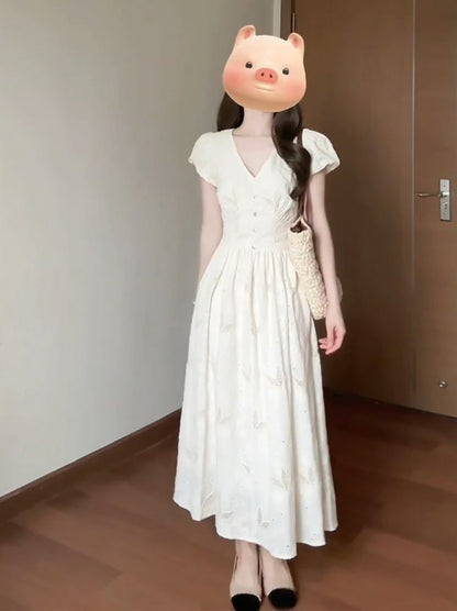 Eyelet Puff Sleeve Midi Dress