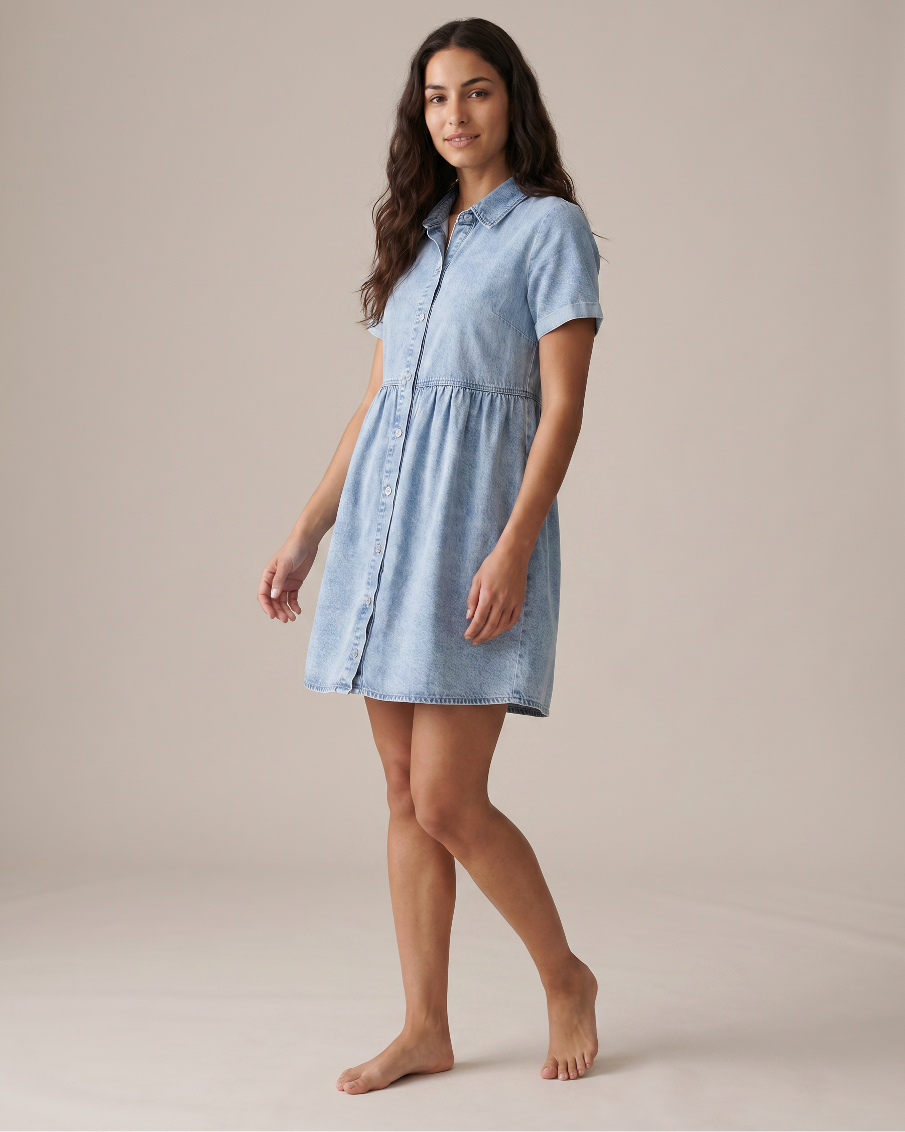 Elegra Denim Button Front Babydoll Dress
