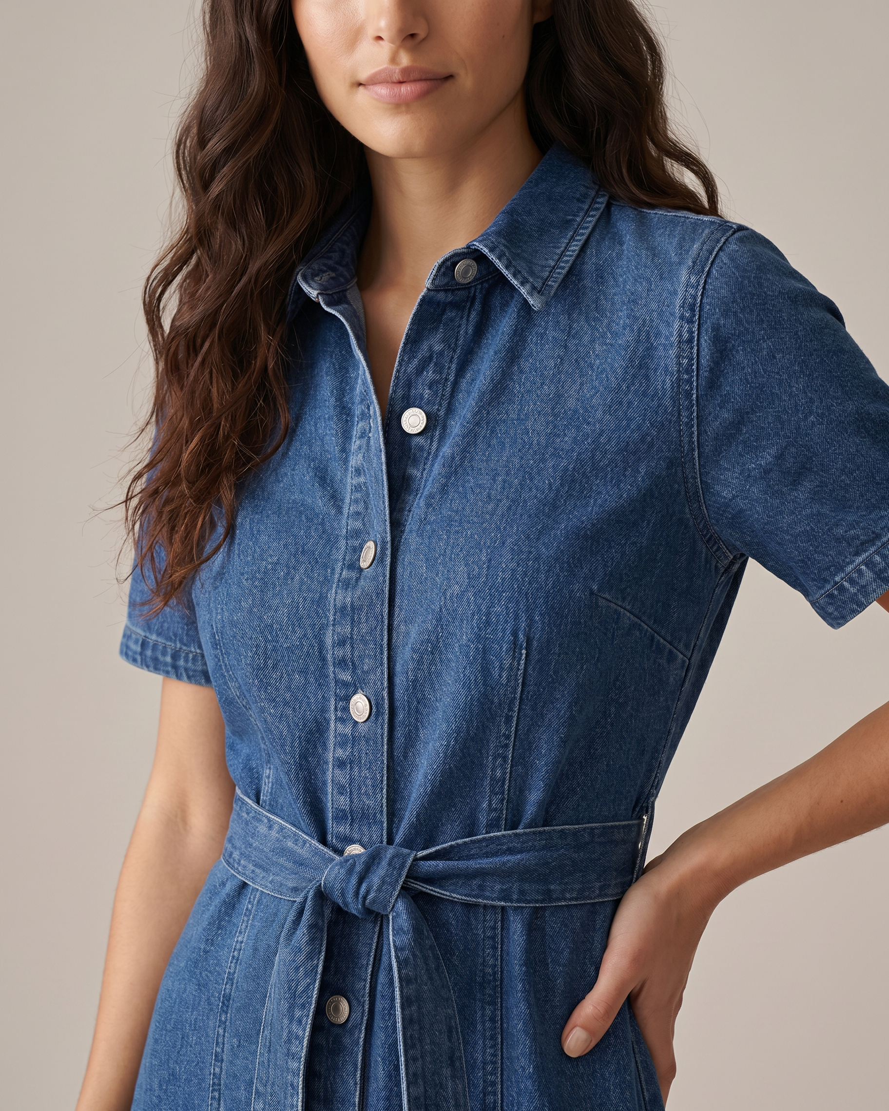 Elegra Denim Tie Waist Mini Dress