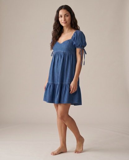 Elegra Denim Sweetheart Puff Sleeve Mini Dress