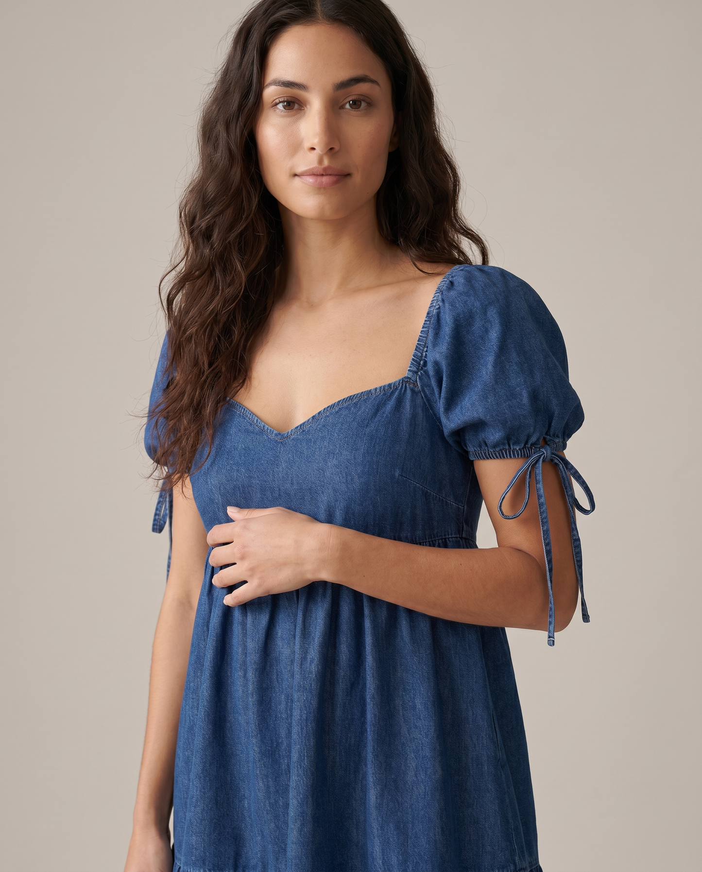 Elegra Denim Sweetheart Puff Sleeve Mini Dress