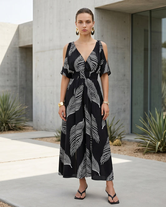 Botanical Cold Shoulder Maxi Dress