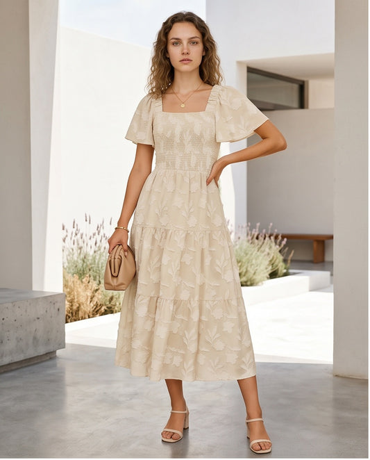 Floral Jacquard Smocked Midi Dress