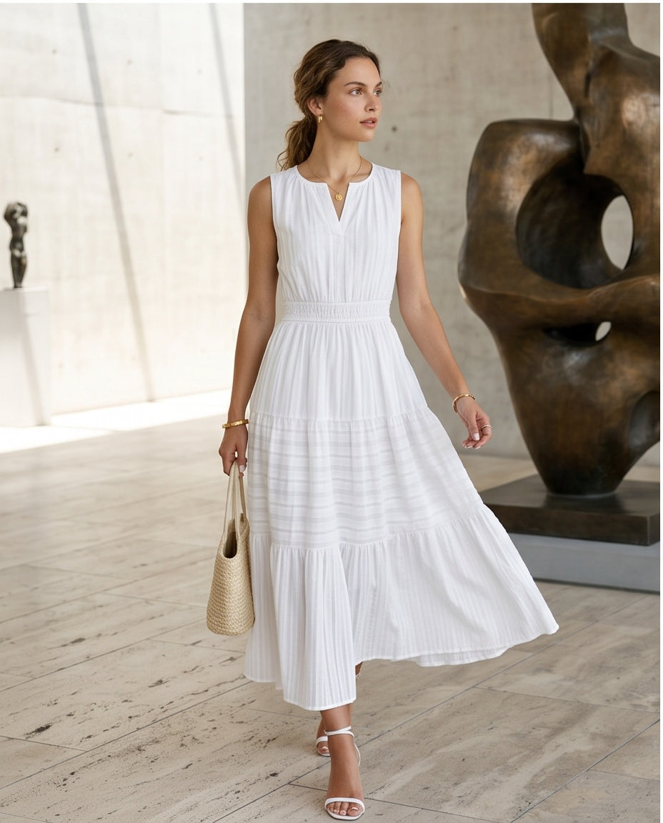 Textured Stripe Tiered Midi Dress
