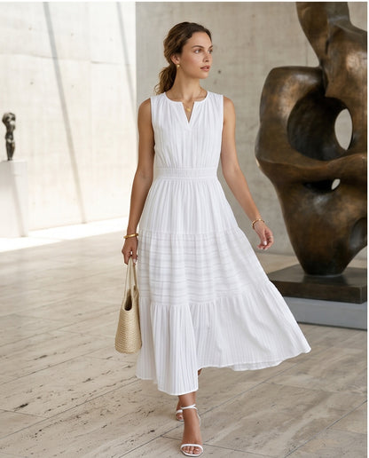 Textured Stripe Tiered Midi Dress
