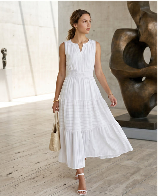 Textured Stripe Tiered Midi Dress