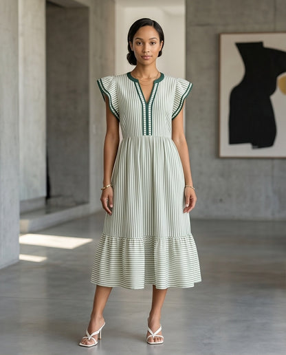 Striped Flutter Sleeve Midi Dress