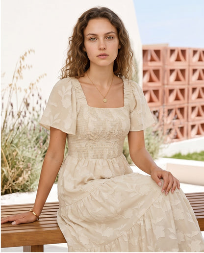 Floral Jacquard Smocked Midi Dress