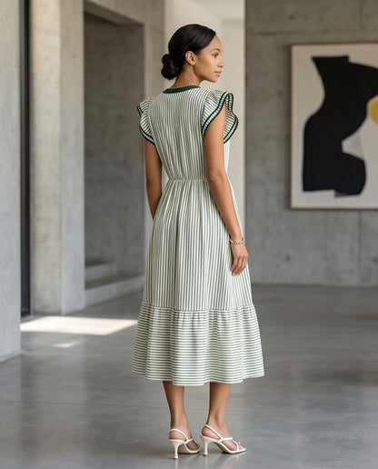 Striped Flutter Sleeve Midi Dress