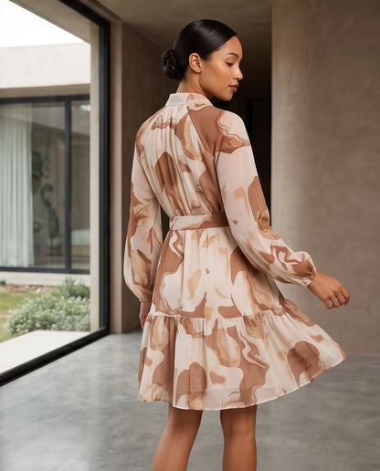 Abstract Belted Chiffon Mini Dress