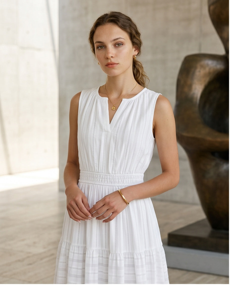 Textured Stripe Tiered Midi Dress