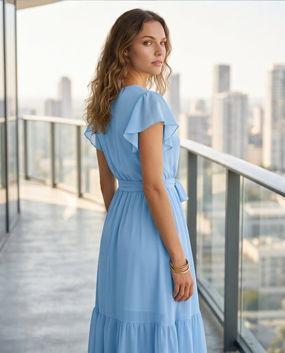 Chiffon Flutter Sleeve Midi Dress