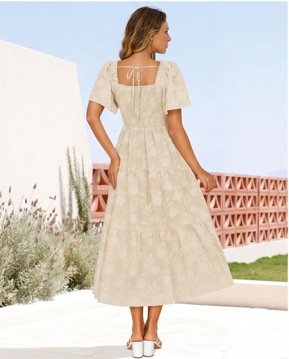 Floral Jacquard Smocked Midi Dress