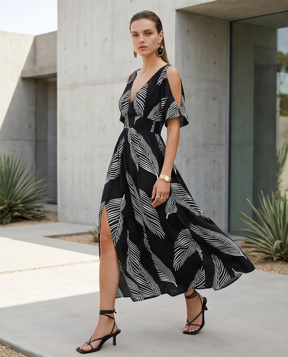 Botanical Cold Shoulder Maxi Dress