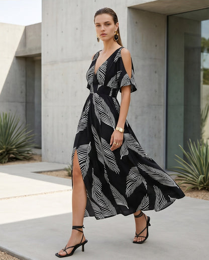 Botanical Cold Shoulder Maxi Dress