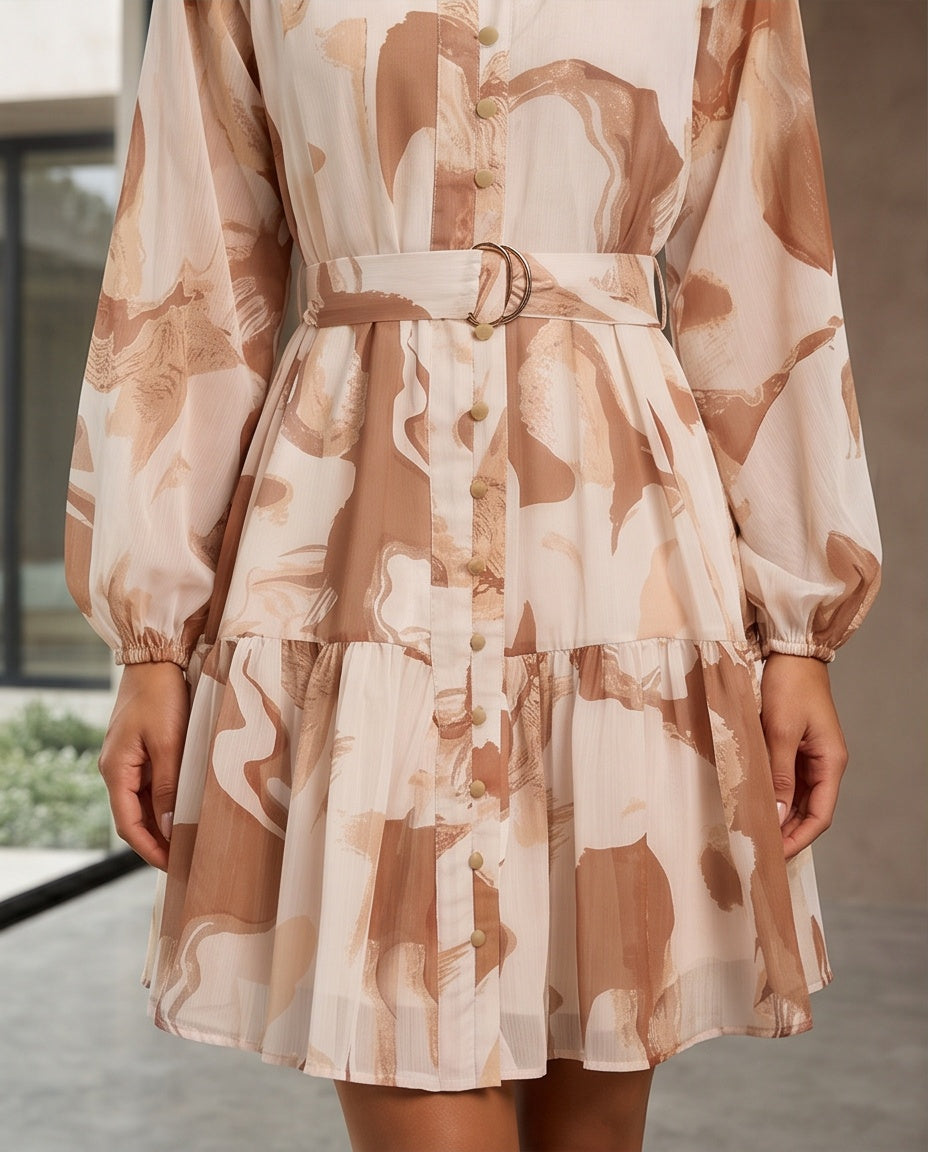 Abstract Belted Chiffon Mini Dress