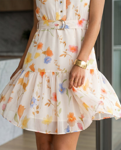Floral Chiffon Belted Mini Dress