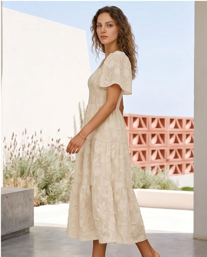 Floral Jacquard Smocked Midi Dress