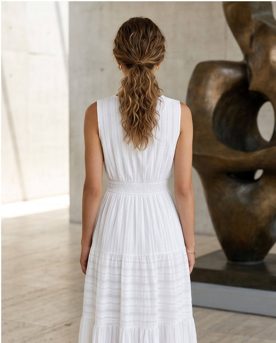 Textured Stripe Tiered Midi Dress